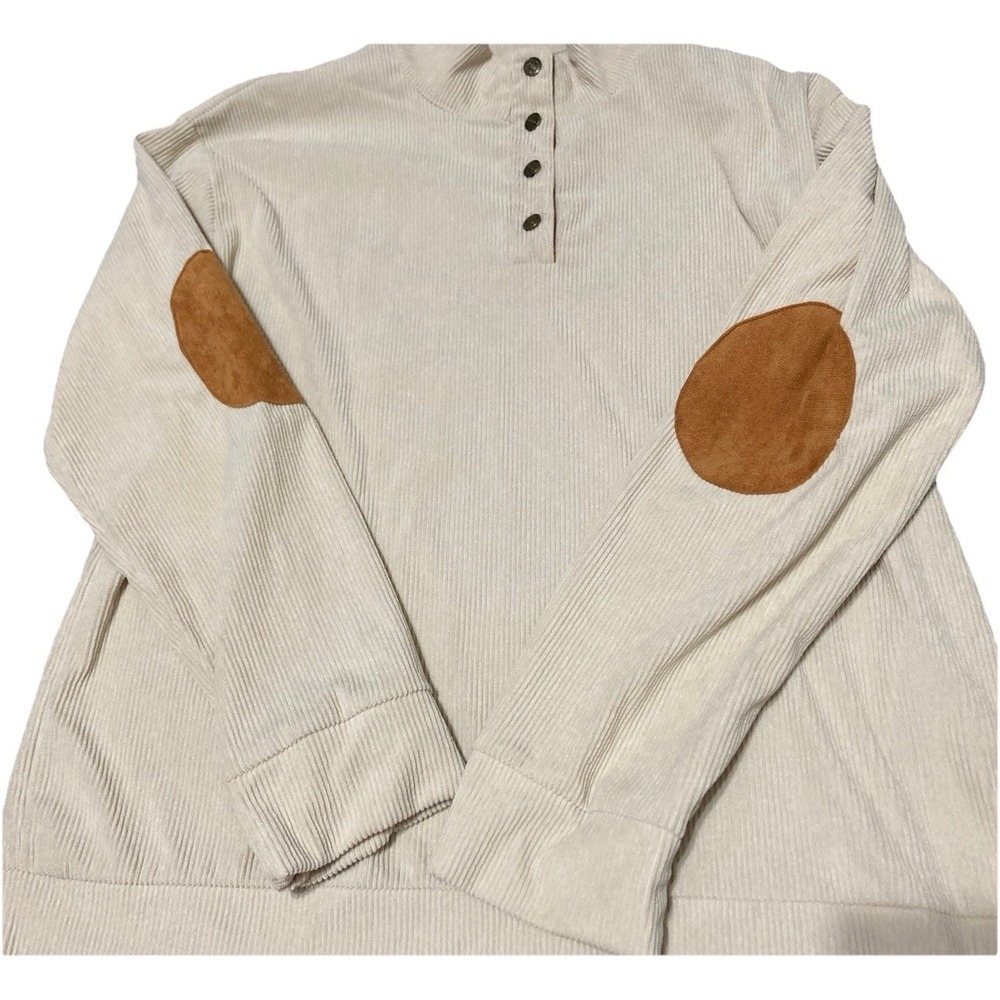 Mens XL Ribbed Pullover Sweater Cream Faux Suede Elbow Patches Mock Neck